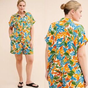 Eloquii Tropical Print Shirt & Shorts Set Women 14 Colorful Two Piece Linen NWT‎